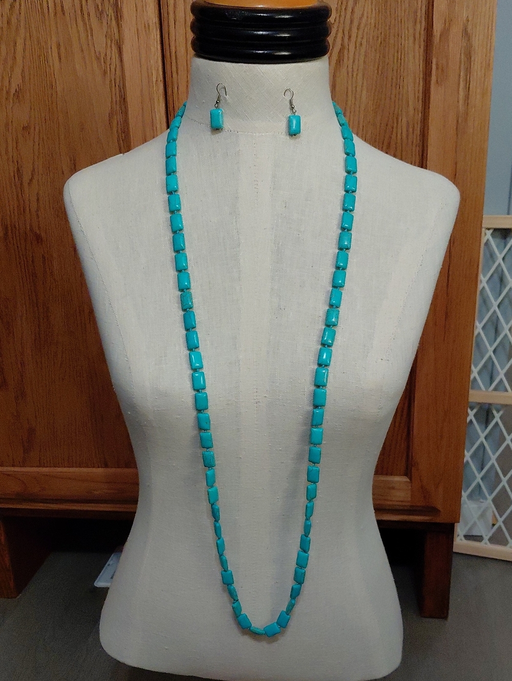 Long Turquoise Beaded Necklace & Earrings Set - Women Jewelry